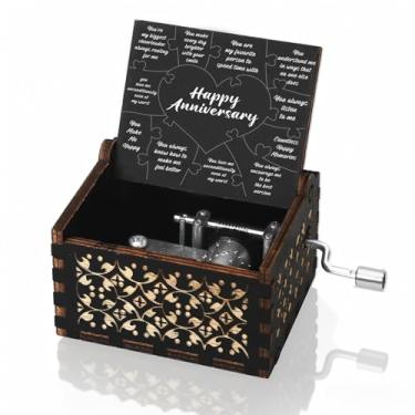Imagem de HUHALLI Caixa de presente romântico de aniversário de música - Presente de casamento de madeira feliz aniversário para mulheres homens ela ele esposa marido casal pais namorada namorado fofo