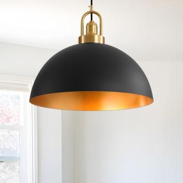 Imagem de Luminárias pendentes grandes de 45 cm, lâmpadas pendentes vintage pretas e douradas, lâmpadas pendentes de metal com cúpula industrial