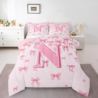 Imagem de jejeloiu Conjunto de cama com laço rosa, macio, para meninos e meninas, solteiro, letra N, edredom de microfibra, monograma, para decoração de quarto, 2 peças com 1 fronha