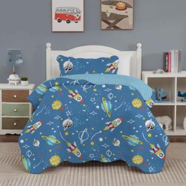 Imagem de Kit Cobre Leito Luxo Colcha Infantil Estampada Solteiro 02 Peças (Foguete)
