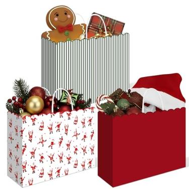 Imagem de Yexiya 24 sacos grandes de papel de Natal, 40 x 15 x 30 cm, sacos de presente Kraft de Natal com alças reutilizáveis para presente de presente de Natal com alça para presente de embrulho de Natal