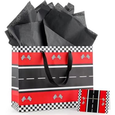 Imagem de Saco de presente de carro de corrida preto vermelho com papel de embrulho de cartão de papel para meninos meninas crianças preto branco xadrez vermelho tema carro de corrida decorações de festa de