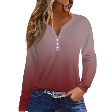 Imagem de Camiseta feminina COTECRAM com botão, decote em V, manga comprida, B, 