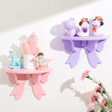 Imagem de Pinkunn 2 prateleiras flutuantes com laço, prateleira kawaii, suporte de livro, casa de fazenda, prateleira de parede de canto rústico, suporte de madeira para decoração de quarto de princesa para