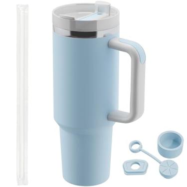 Imagem de Copo de 1,134 g com alça e tampa de canudo de silicone à prova de vazamento, tampa de palha, caneca de café de viagem, garrafa de água de aço inoxidável, copo isolado para bebidas quentes e frias