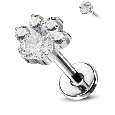 Imagem de CM Crareesi Mania Brinco de titânio com costas planas 16G rosca interna Helix Cartilagem Brincos Dog Paw Tragus Conch Forward Helix Piercing Joia para mulheres, Titânio, Zircônia cúbica