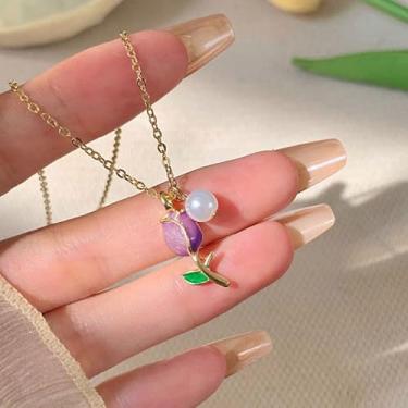 Imagem de Colar delicado com pingente de tulipa roxa para mulheres, elegante corrente de clavícula de pérola sintética, design floral doce, joia banhada a ouro para presente