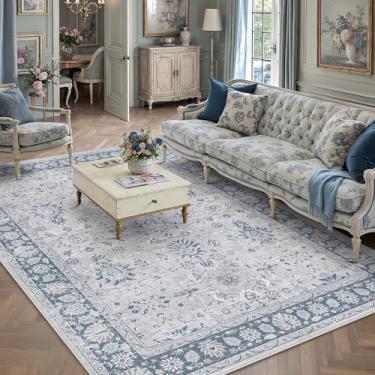 Imagem de PureCozy Tapete de área azul 12 x 18 cm, lavável, vintage, sala de estar, quarto, antiderrapante, tecido fino, para sala de jantar, escritório, decoração