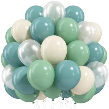 Imagem de Balões verdes e brancos, 30,5 cm verde-oliva empoeirado azul marfim branco látex transparente balões de festa de hélio para meninos, aniversário, chá de bebê, casamento, boêmio, floresta, tema selva