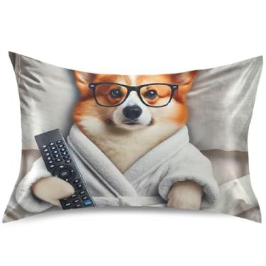 Imagem de Corgi Dog Capa de almofada de cetim engraçada capas de travesseiro de resfriamento King Queen padrão impressão artística capa de almofada macia para cama, tamanho Queen, 76,2 cm x 50,8 cm