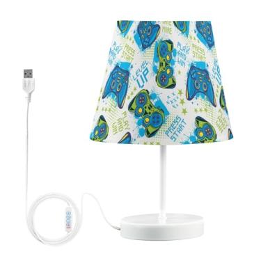 Imagem de Candeeiro de mesa com ícones de joystick azul com porta USB, luminária de quarto com abajur para mesa de cabeceira