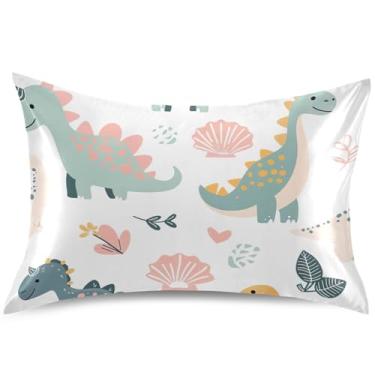 Imagem de Capas de almofada de cetim floral safári de dinossauro verde para resfriamento de cabelo capa de travesseiro padrão Queen King para pele com acne, tamanho padrão, 66 cm x 50 cm