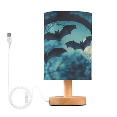 Imagem de Joisal Luminária de mesa lua cheia com morcegos voadores pequena com porta USB, luminária de cabeceira pequena para quarto