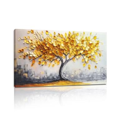 Imagem de Arte de parede em tela de árvore dourada: imagens grandes de árvores amarelas e cinzas para decoração de parede, pintura da natureza para quarto, sala de estar, escritório, decorações de casa