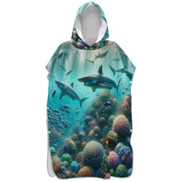 Imagem de Joisal Poncho de surfe absorvente para adultos trocador com capuz toalha de praia estampada tubarões subaquáticos coral masculino poncho com capuz