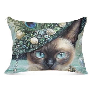 Imagem de Capas de travesseiro de flanela com chapéu de penas de gato siamês vintage decorativas engraçadas tamanho queen king size para cama presentes de vida saudável, tamanho padrão, 51 x 66 cm