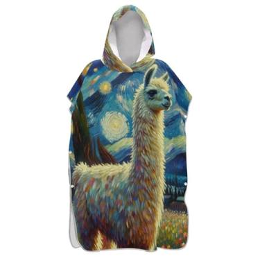 Imagem de Linda lhama noite estrelada Alpaca Surf Poncho para adultos trocador absorvente masculino poncho com capuz toalha de natação bonito