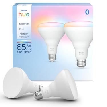 Imagem de Philips Hue Lâmpada Essential Smart LED BR30, branca e colorida, base E26, 7,2W, 2200K-6500K, 650 lúmens, regulável, funciona com Alexa, Google Assistant e Apple Home, pacote com 2