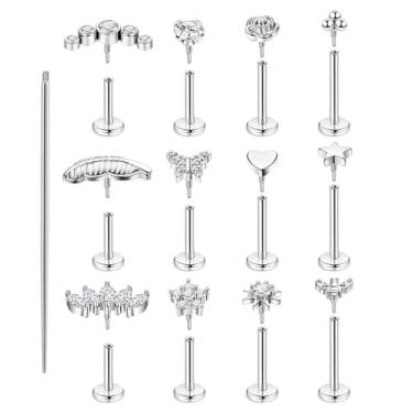 Imagem de YOVORO 12 peças 16G 18G 18K ouro 18 K brincos de pino para mulheres anel de nariz de aço cirúrgico rosca interna brincos de cartilagem hipoalergênico minúsculo CZ tragus helix labret piercing de nariz