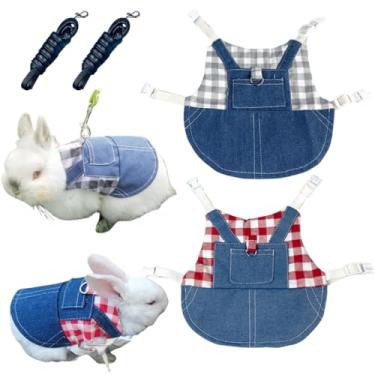 Imagem de Conjunto de 2 peças de arnês e coleira de coelho de estimação, adorável roupa de brim feita à mão, moletom com capuz, adequado para coelhos, chinchilas, porquinhos-da-índia, filhotes e outros animais