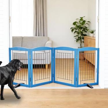 Imagem de ZJSF Cerca interna independente para cães, portão dobrável para portas, escadas ou corredores, portão extra largo de madeira resistente para animais de estimação com pés de suporte para casa, azul, 61
