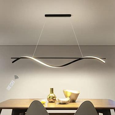 Imagem de Luminária pendente moderna de LED para mesa de jantar, com intensidade regulável e controle remoto. Design ondulado em metal preto, altura ajustável, ideal para sala de jantar e sala de esta