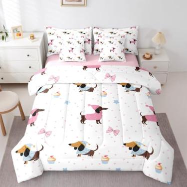 Imagem de Manfei Lindo edredom de animal casal, conjunto de cama de bolo com laço de cachorro Dachshund, 7 peças, decoração feminina de bolinhas de estrelas para meninos e meninas, rosa e azul (elástico +