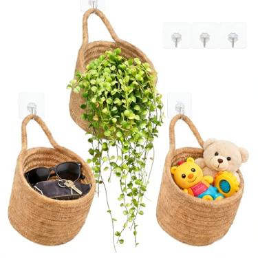 Imagem de Wycoroy Cesta suspensa – Pacote com 3 cestas de parede de corda de algodão natural para organização, armazenamento pequeno sobre a porta, solução decorativa e versátil para casa