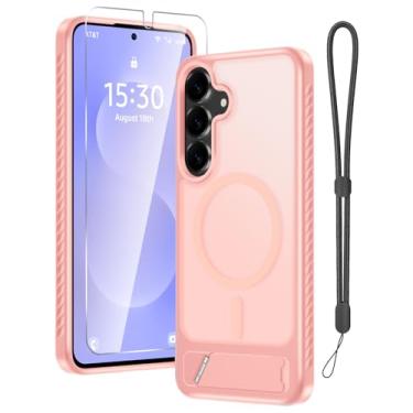 Imagem de RMOCR Capa para Samsung Galaxy S26 com protetor de tela + alça de pulso, capa magnética translúcida fosca robusta fina embutida com suporte invisível [apto para MagSafe], rosa fofo 2026