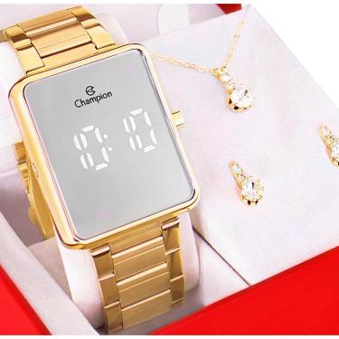 Imagem de Kit Relógio Champion Feminino Digital Espelhado Colar Brincos CH40086B-Feminino