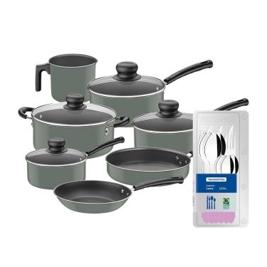 Imagem de Conjunto de Panelas 10 Peças Tramontina Versalhes Starflon Max Verde + Faqueiro 12 Peças Tramontina Leme Lavanda