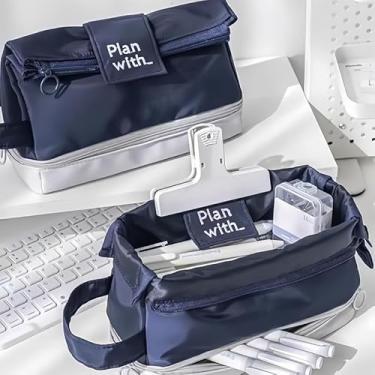 Imagem de Bolsa de papelaria de grande capacidade, bolsa de armazenamento portátil portátil de camada dupla à prova d'água para escritório, artigos de papelaria, cosméticos, azul marinho