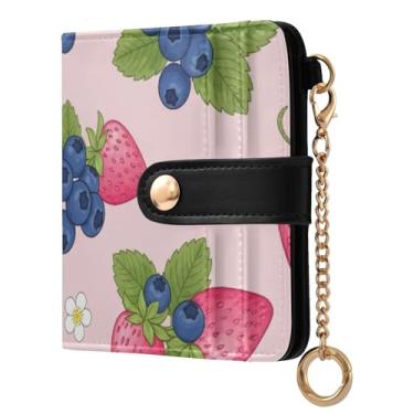 Imagem de STAYTOP Carteira feminina pequena de morangos e mirtilos com bloqueio de RFID de couro macio e dobrável com compartimento para cartões com zíper e janela para identidade