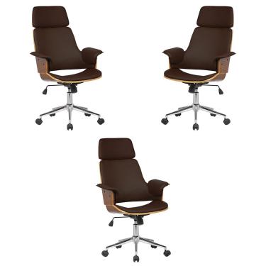Imagem de Kit 3 Cadeira de Escritório Home Office Decorativas Casemiro PU c/Regulagem de Altura Base Giratória Marrom G56 - Gran Belo