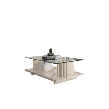 Imagem de Mesa de Centro Frizz 90cm com Tampo de Vidro e Prateleira Calacata e Off White Liberty Móveis