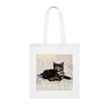 Imagem de Sacola com foto de gato na praia, presente divertido, bolsa de ombro, bolsas reutilizáveis, cesta de Natal de aniversário ideia de presente, Branco