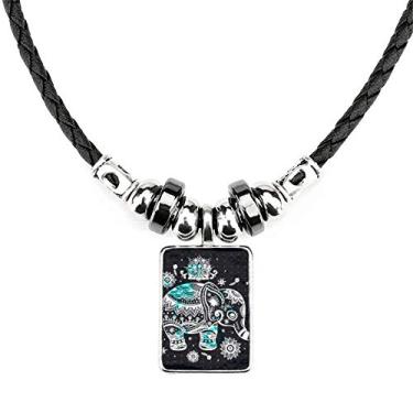 Imagem de DIYthinker Colar com pingente de corda de couro preto e azul com flor de elefante da Nation