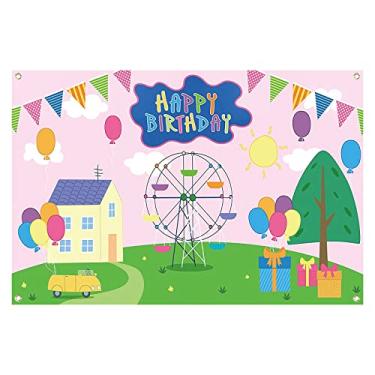 Imagem de Pano de fundo com tema de porco para meninas, meninos, 2,1 x 1,5 m, tecido durável, fundo fotográfico, feliz aniversário, roda-gigante, arco-íris, para decoração de chá de bebê, estúdio fotográfico