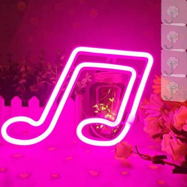 Imagem de VIFULIN Music Note Luz de LED neon para decoração de parede - Alimentado por bateria ou USB - Sinal de luz neon rosa para decoração de quarto de meninas