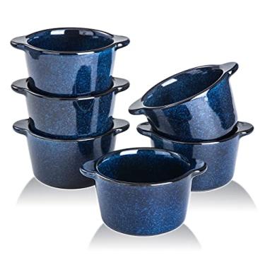 Imagem de Tigelas de cerâmica creme Brulee Ramekins - VICRAYS Mini copos de creme de 237 ml tigelas seguras para forno, pratos de suflê para assar caçarola individual molho de mergulho, pioneer, conjunto de 6, azul