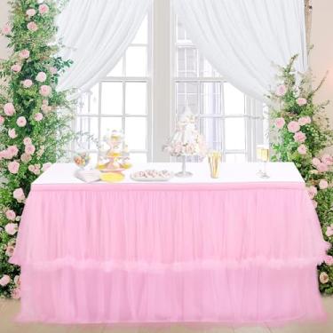 Imagem de Saia de mesa de tule rosa para mesas retangulares 1,8 m toalha de mesa tutu fofa saia com babados para festa de aniversário menina chá de bebê princesa 2 camadas de tule
