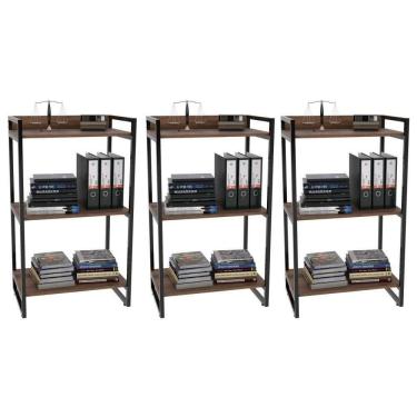 Imagem de Kit 3 Estantes Livreiro Multiuso Prisma Estilo Industrial 60Cm 3 Prateleiras C08 Nogal - Mpozenato