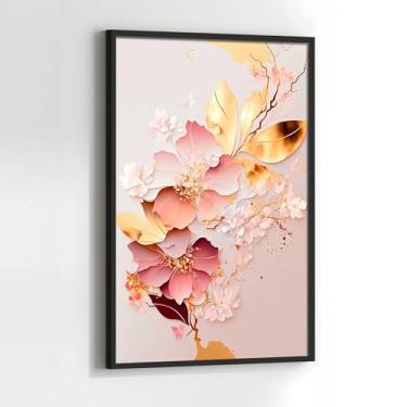 Imagem de Quadro Moderno Abstrato Rosê e Dourado Arte com Moldura Decorativo 90x60 Sala de jantar Quarto Decoração Vertical Parede