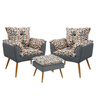 Imagem de Kit 2 Poltronas Beta com Puff Lunar Suede Estampado Laranja com Cinza 