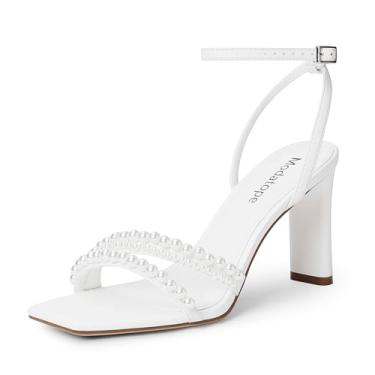 Imagem de Modatope Sandálias femininas quadradas, bico aberto, salto alto grosso, tiras no tornozelo, sandálias confortáveis para festas sociais, Pérola branca, 41