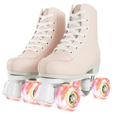 Imagem de Patins femininos com rodas iluminadas, fileira dupla ajustável, patinação ao ar livre, brilhante, Derby, para adolescentes e jovens (rosa claro, 39 = EUA: 7)