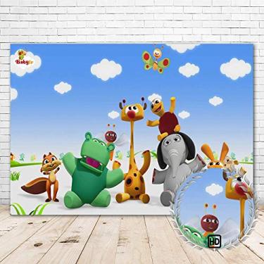 Imagem de Pano de fundo para fotografia de TV de bebê, 17 x 12 cm, tema de TV infantil, suprimentos de festa de aniversário, animais, céu azul, decoração de chá de bebê, faixa para decoração de quarto, adereços