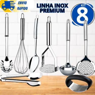 Imagem de Kit 8 Peças Inox Amassador Batata e Alho Colher Concha Escumadeira Fou