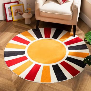 Imagem de UBTKEY Tapete de sol infantil circular - Tapete redondo lavável com decoração de sol para quarto infantil colorido, tapete antiderrapante de 1,2 m (preto e laranja)