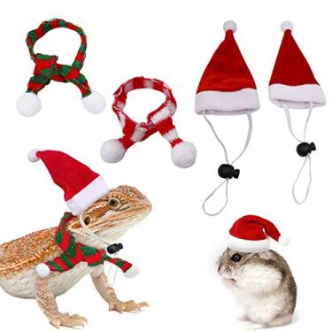 Imagem de GABraden Pacote com 2 chapéus e cachecol de Natal com dragão barba e lagarto, roupas de fantasia de Natal de porquinho-da-índia de animais pequenos (2 vermelhos, Natal)